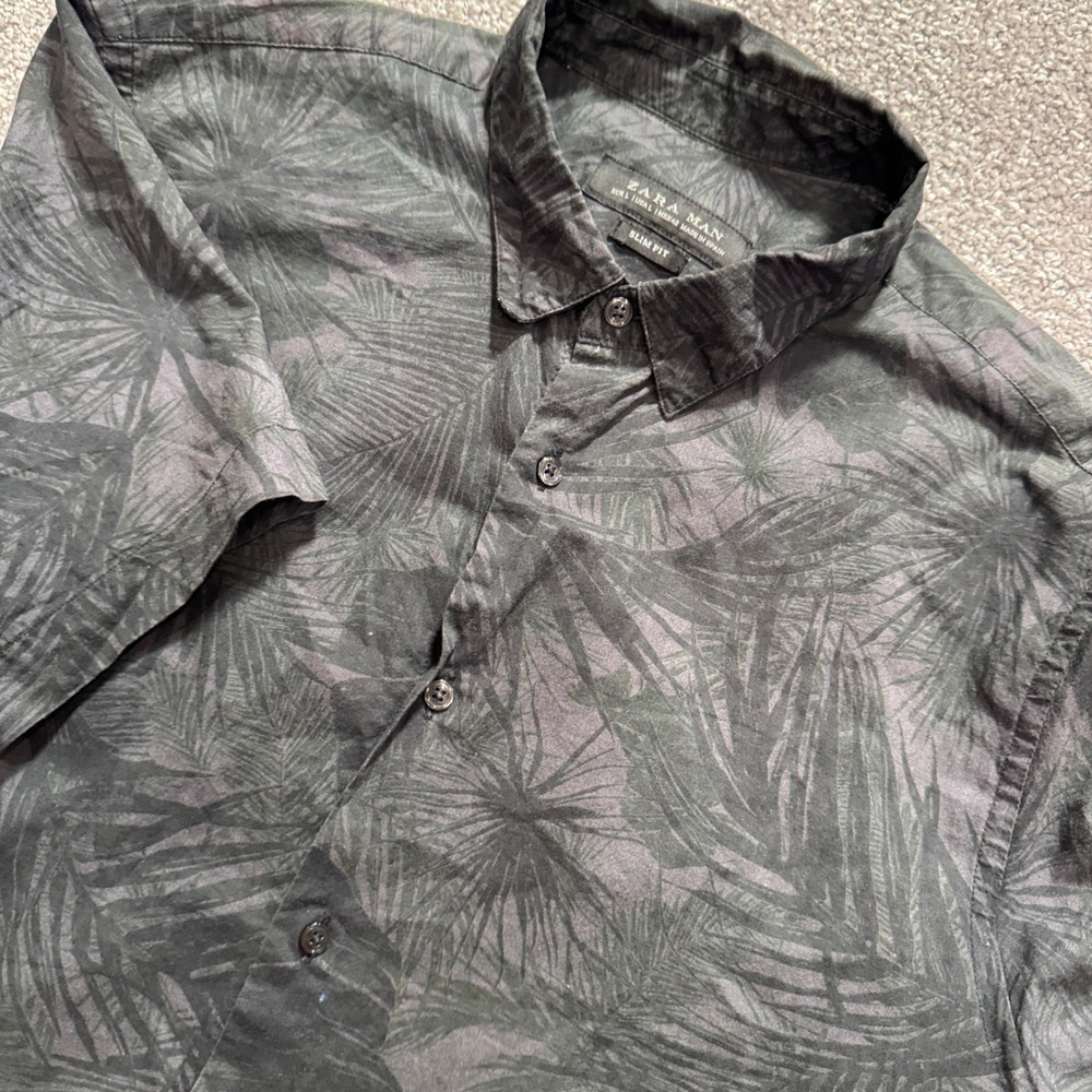 Zara Man Shirt Mens L Black Gray Palm Leaf Cotton Slim Fit Tropical Vacation